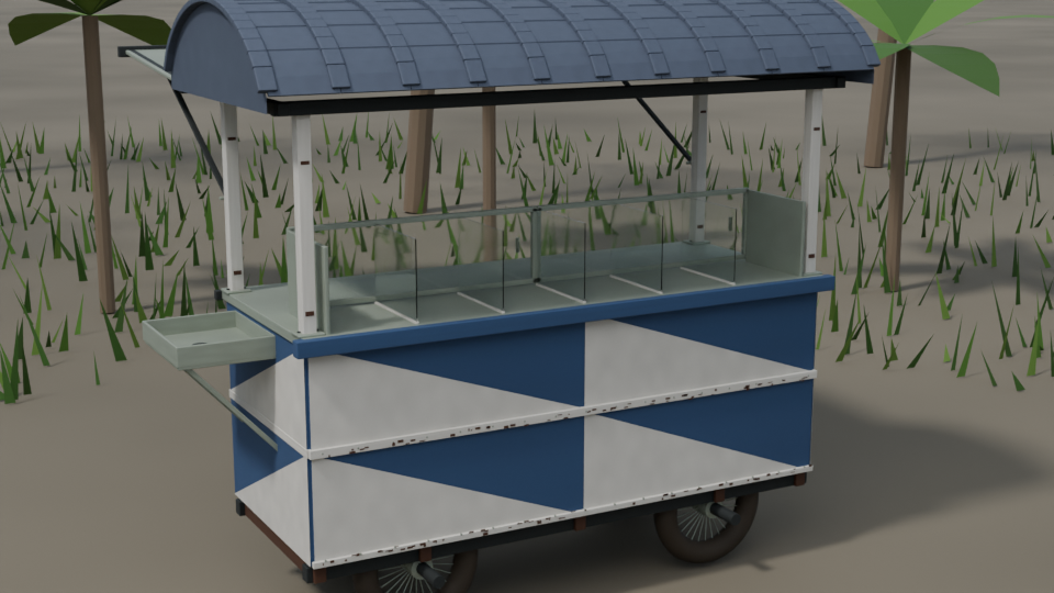 The blue-and-white cart with curved roof and glass counter